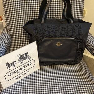 Coach court navy blue Tote Bag with pebbled leather and ruching